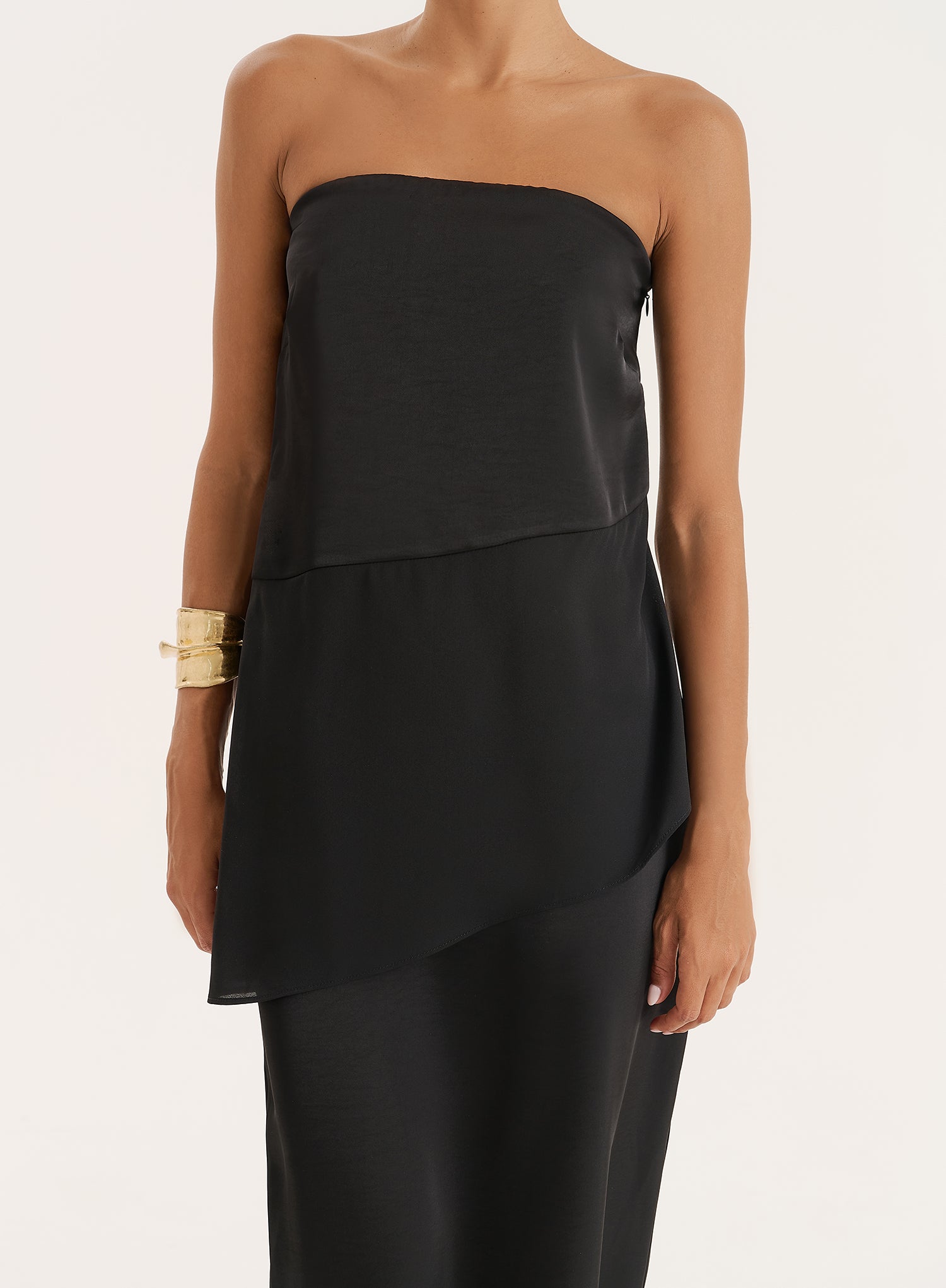 Black Satin And Chiffon Bandeau Asymmetric Top